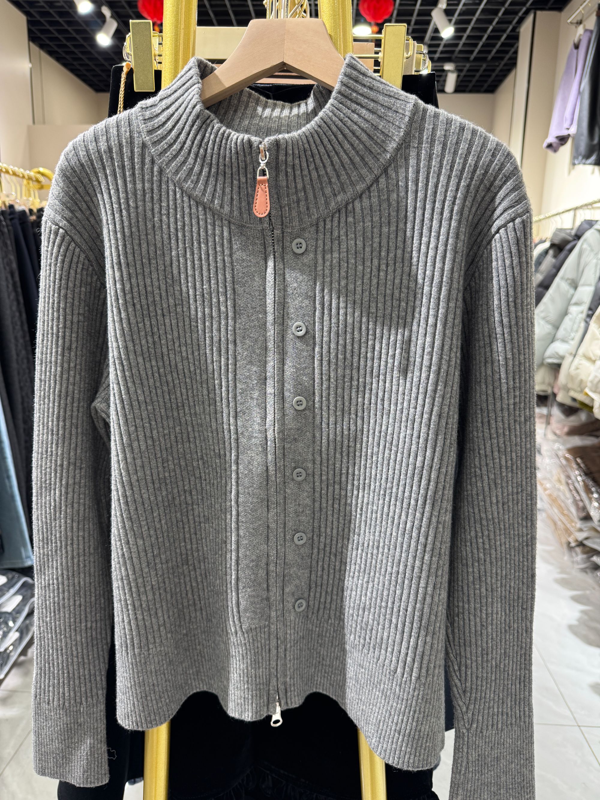 双拉链开衫款纽扣保暖针织立领厚款毛衣套头时尚翻领灰色