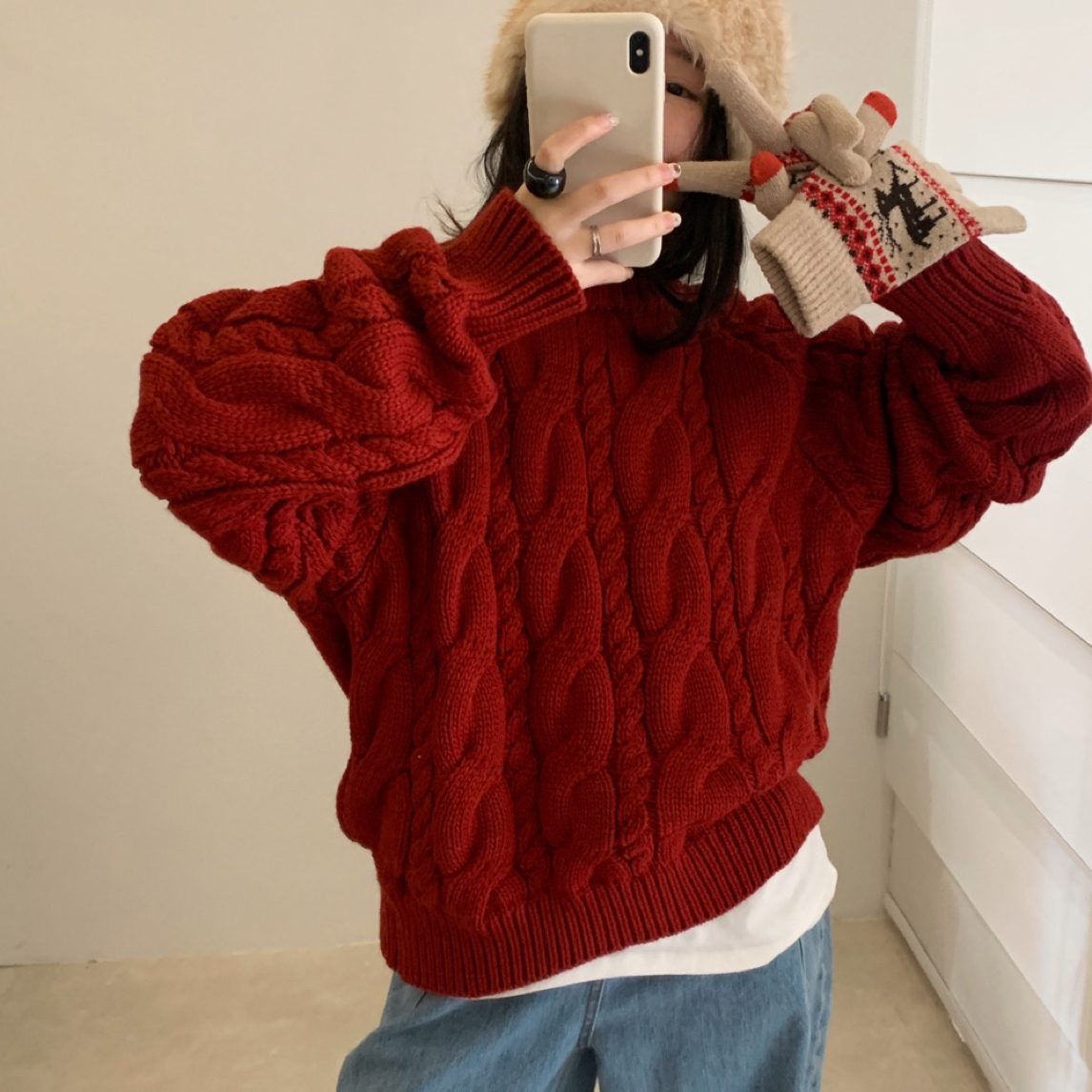 慵懒风粗棒针麻花圆领毛衣女秋冬宽松百搭针织衫套头上衣#331