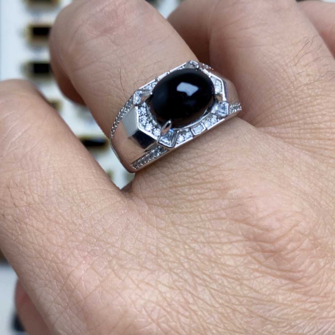 翡翠银S925镶嵌戒指墨翠戒指