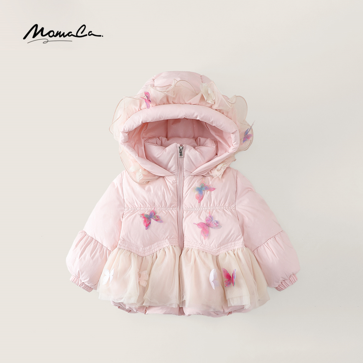 MOMOCO冬季女童90白鸭绒甜美蝴蝶网纱拼接儿童羽绒服77880102014