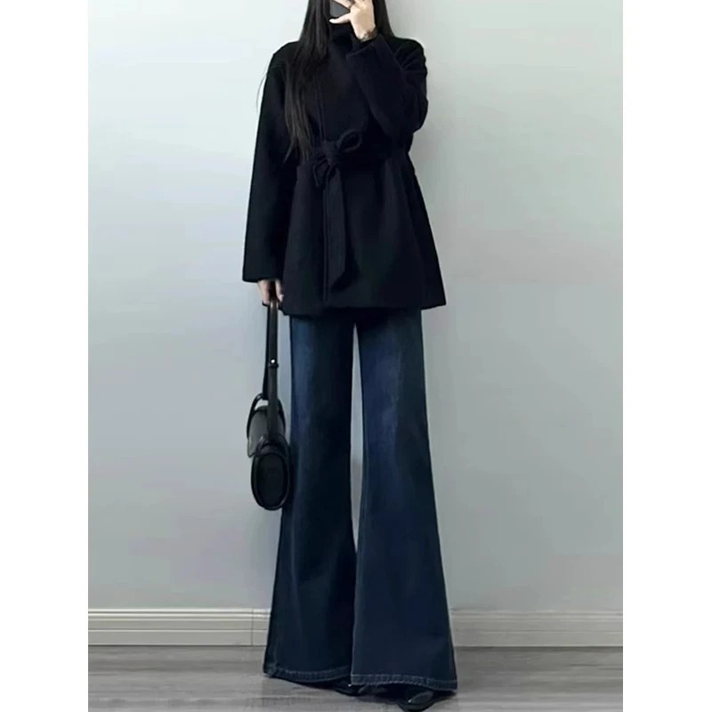 不贴腿微喇牛仔裤女秋冬季加绒高个子梨型遮胯显瘦阔腿喇叭裤子