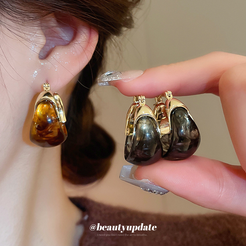 美拉德树脂u形耳扣复古小众百搭耳环时尚气质轻奢耳饰高级感