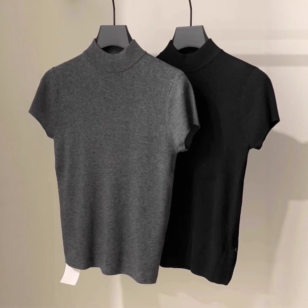 法式设计感半高领短袖T恤女秋季2025新款洋气修身显瘦打底衫毛衣
