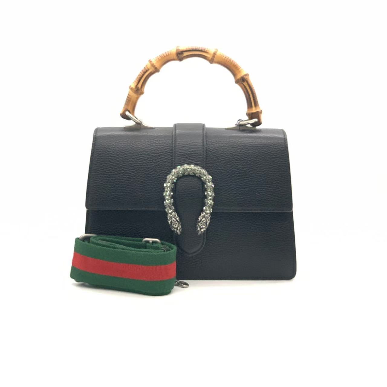 95新 GUCCI/古驰 /古驰 黑色中号竹节手提酒神包