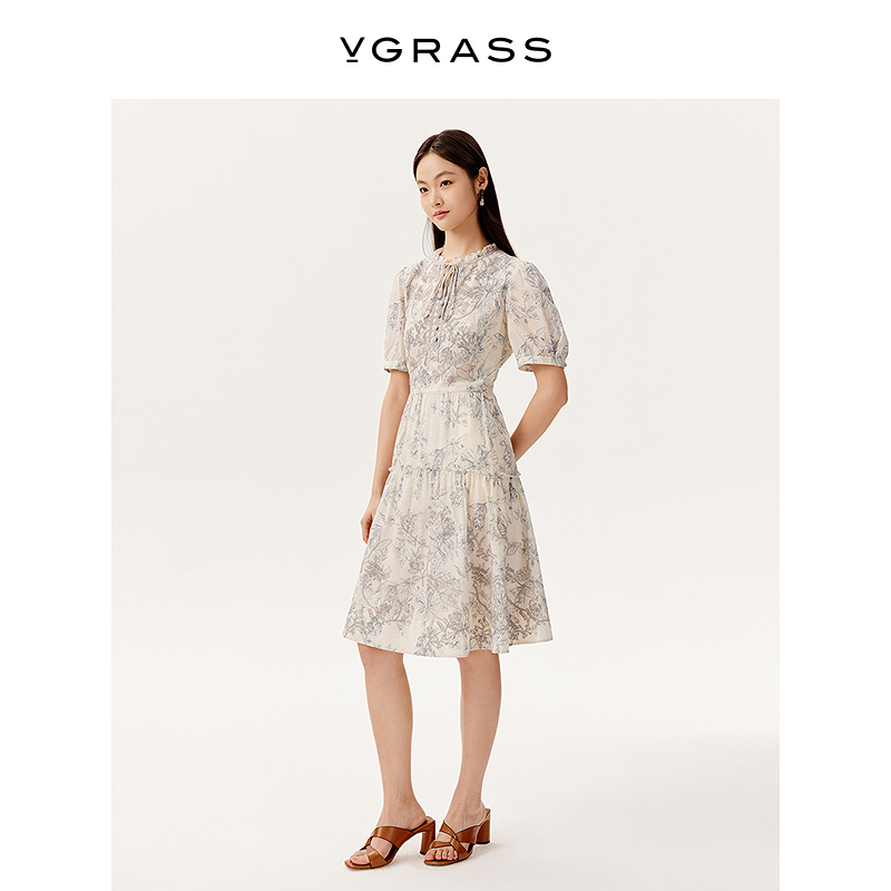 VGRASS日本进口泡泡棉刺绣连衣裙25年夏季新款A字裙VSL2Q2297A