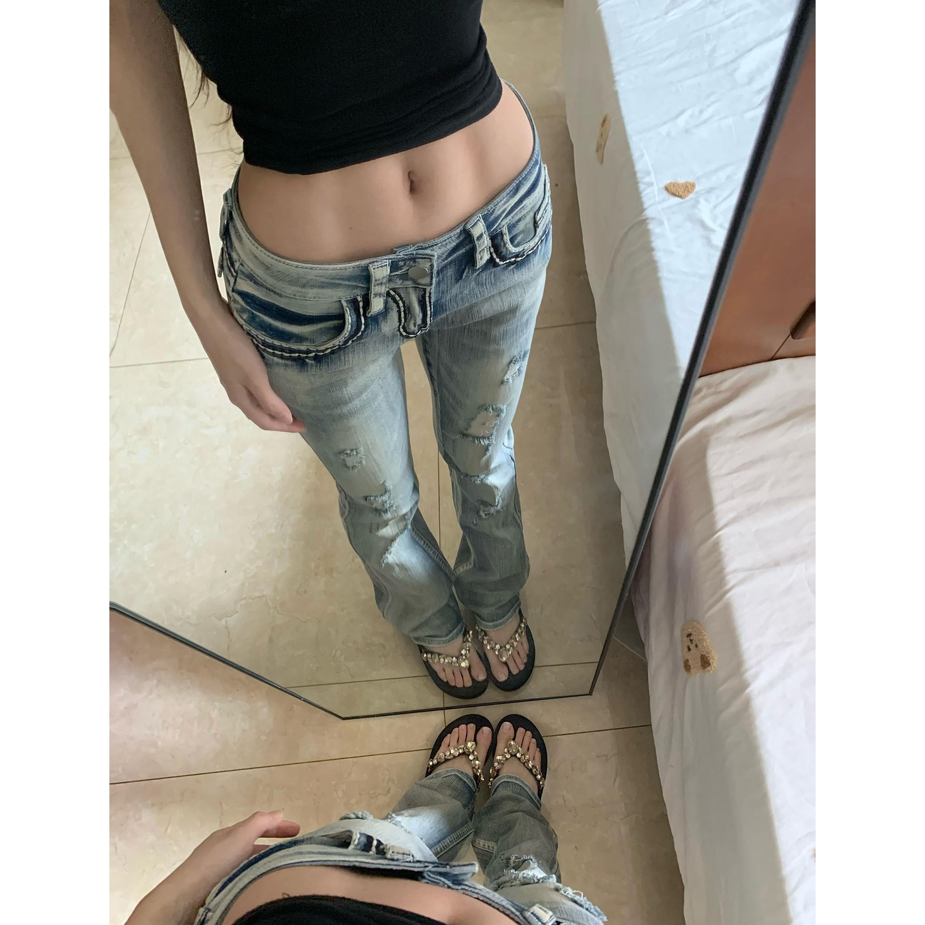 高个子加长美式磨破微喇牛仔裤女秋季辣妹低腰紧身显瘦拖地喇叭裤