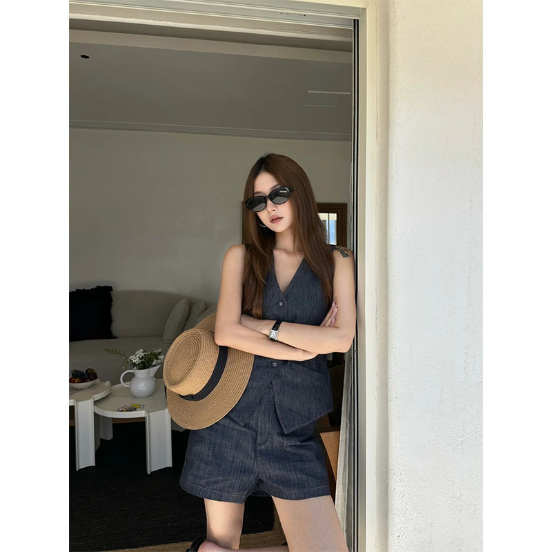 夏季度假风休闲百搭新款无袖马甲上衣高腰直筒宽松半身裙显瘦短裤