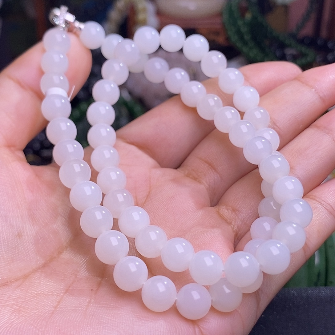 和田玉未镶嵌颈饰羊脂级白玉老矿料约8mm妈妈项链