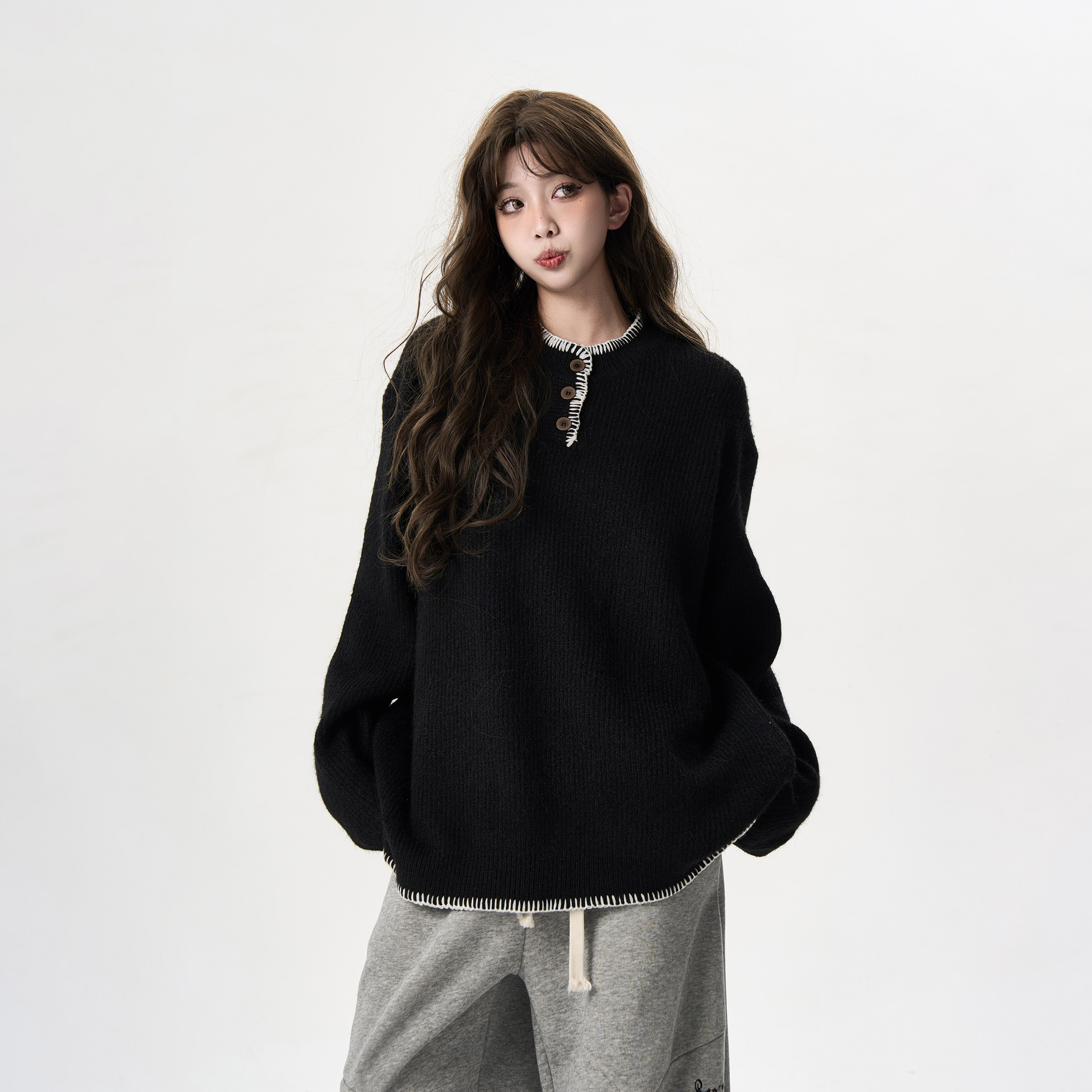 MAX ME美式复古亨利领针织衫男女宽松慵懒氛围感圆领毛衣百搭潮