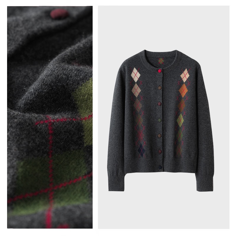 【都灵同款】康赛妮100%山羊绒 圆领女士菱格灰色针织开衫