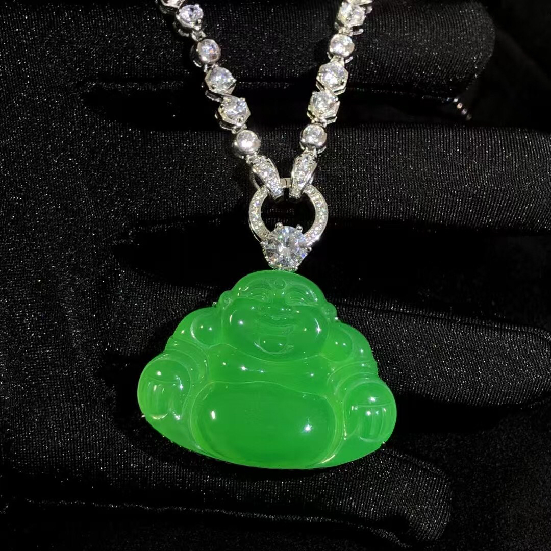 s925银镶嵌正品小众天然绿玉髓佛公吊坠大肚弥勒佛项链女款送长辈