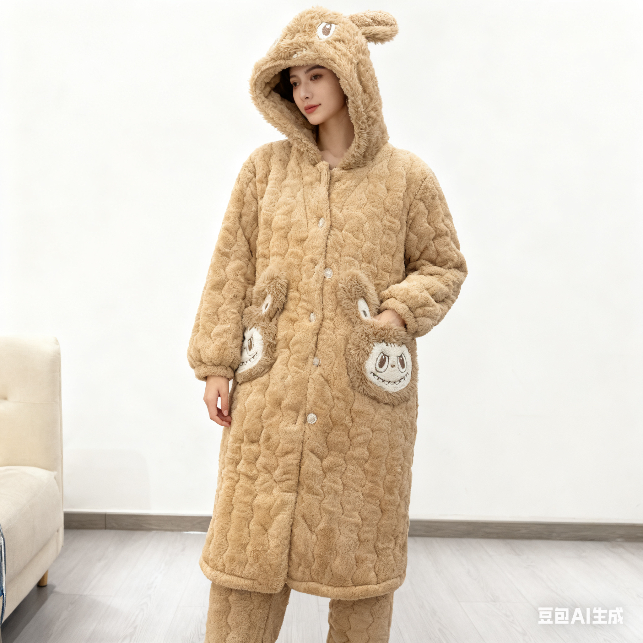 拉布布咖甜美可爱亲子连帽款保暖冬季加厚家居服