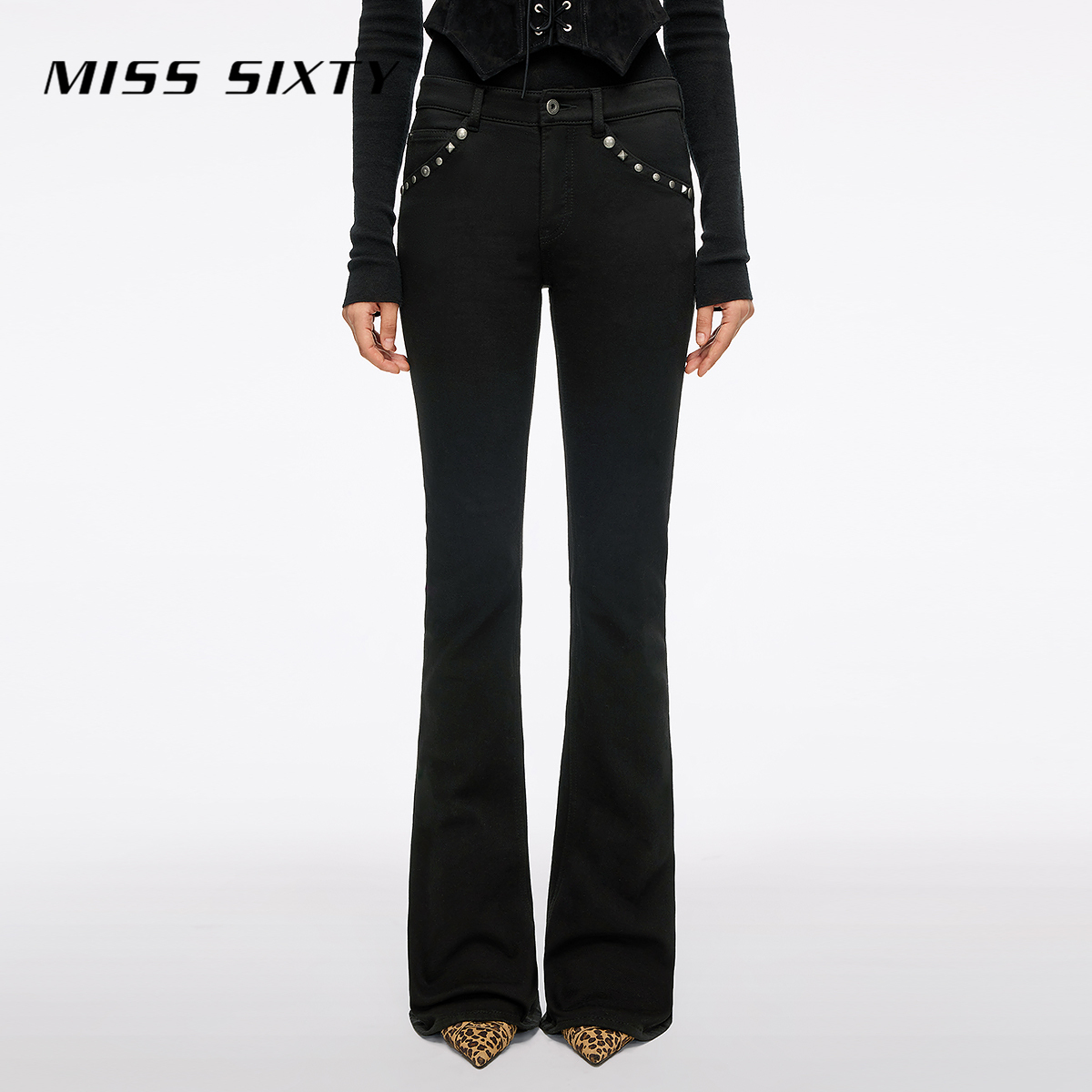 【保暖加绒】Miss Sixty2025冬季新款牛仔裤女显瘦铆钉喇叭裤