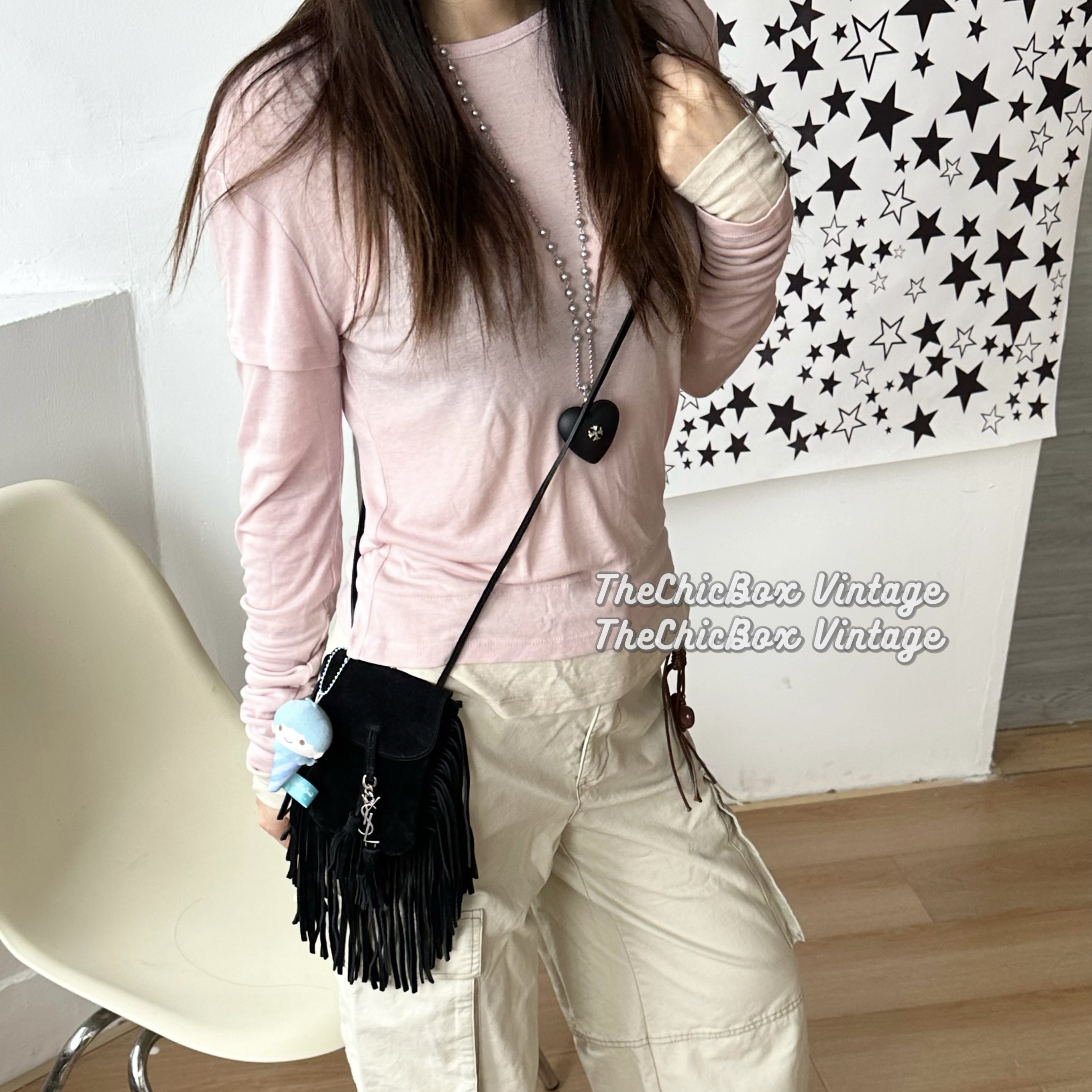 95新 YSL/圣罗兰 只盒/Ysl黑银麂皮流苏mini斜挎包