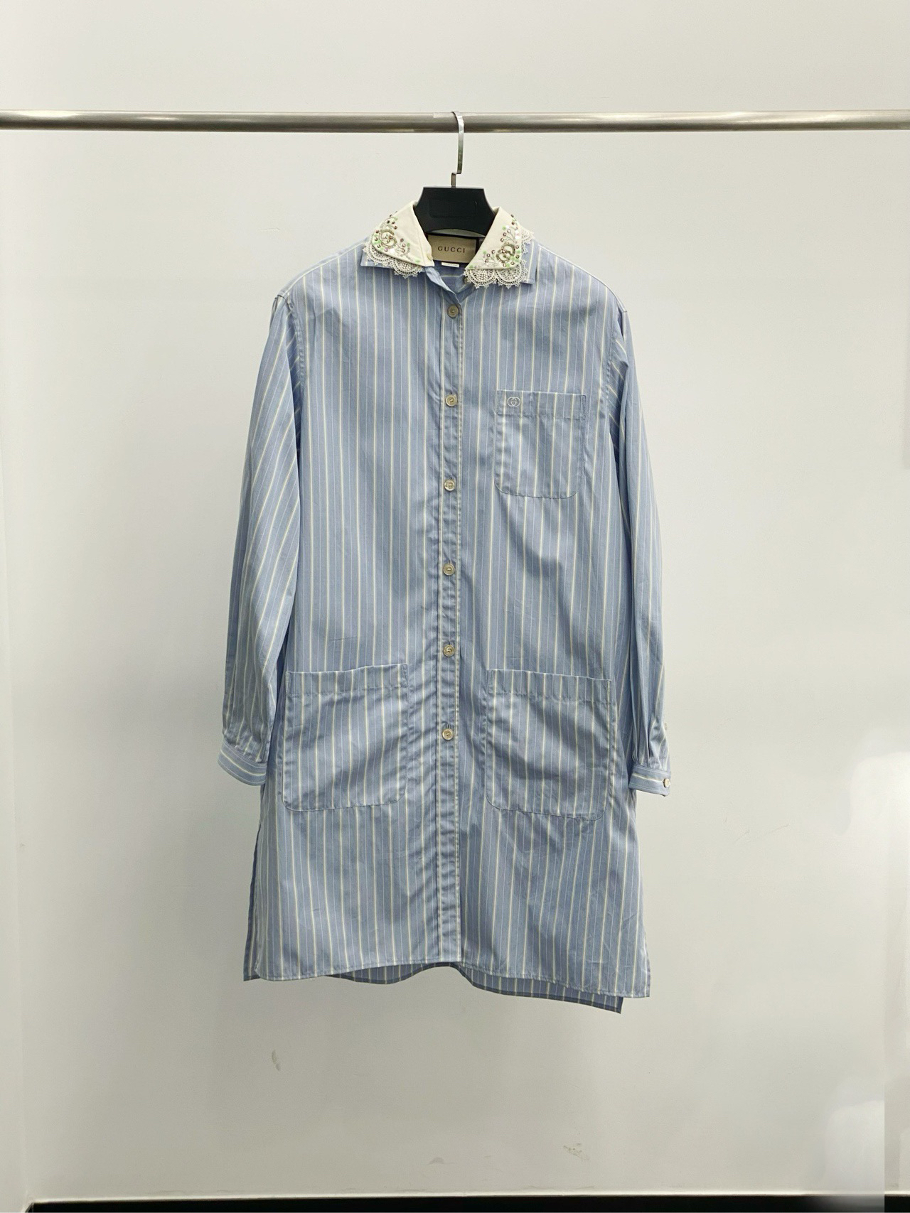 全新未使用 GUCCI/古驰 sm12147150 蓝白条纹衬衫连衣裙 38码 
