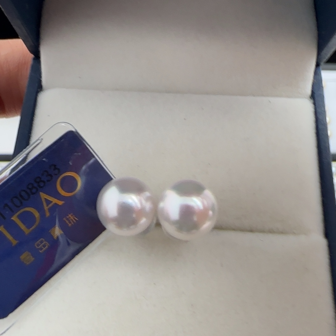 海水珍珠耳饰银S925镶嵌Akoya海水珍珠素钉8-8.5