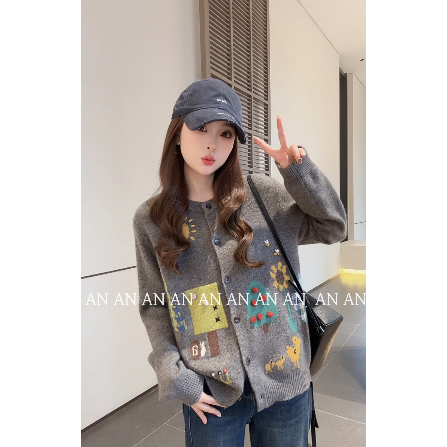 C12273复古独特创意感宽松显瘦软糯卡通太阳小树毛衣外套