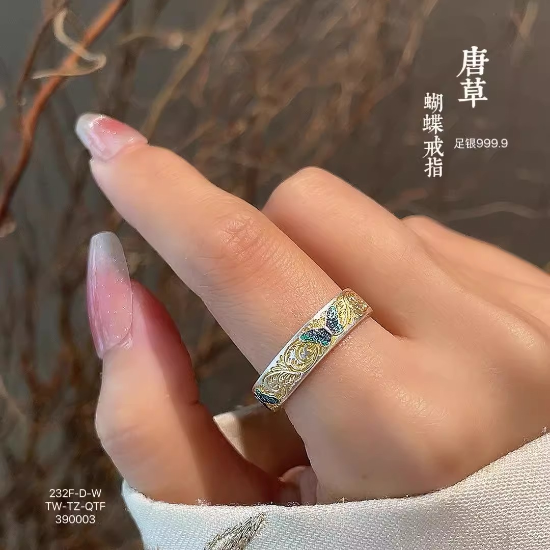 足银戒指 999.9描金珐琅彩蝴蝶心经女款戒指纯银时尚民族风可调节