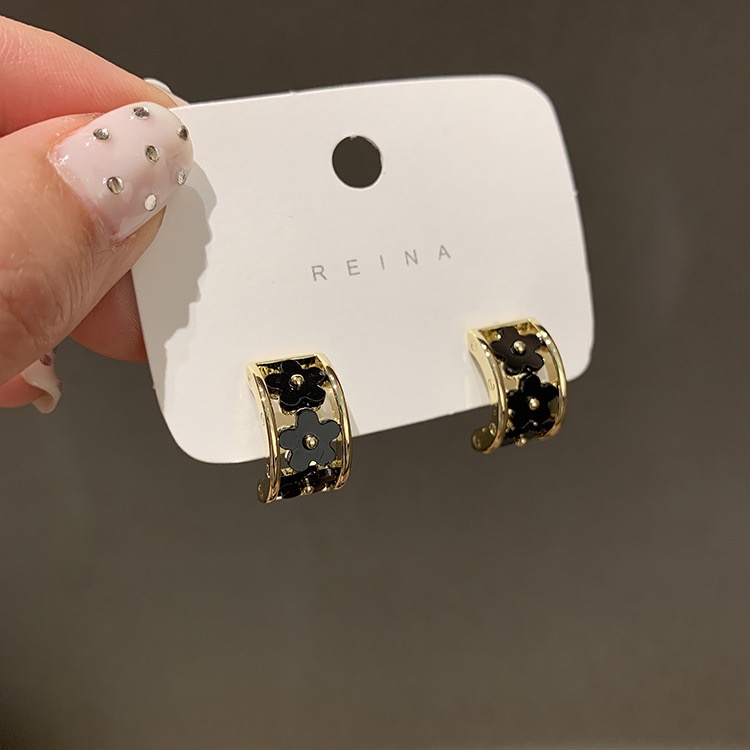 铜合金耳饰 黑色复古925宫廷镂空花朵C形-耳钉耳环-C108