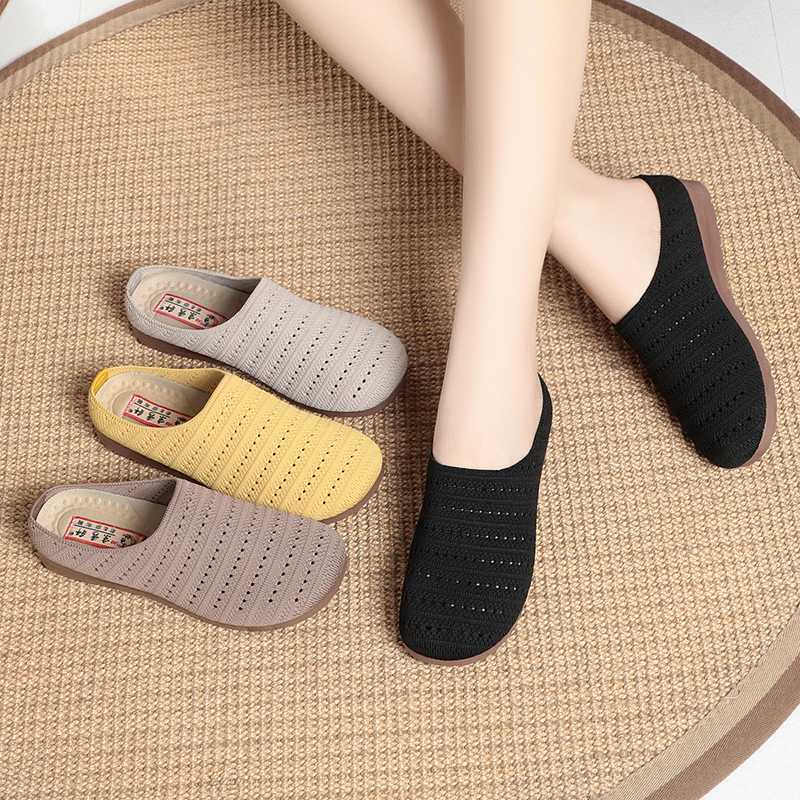 夏季新款编织极简风纯色室外包头拖鞋女款网面透气平底洞洞防滑