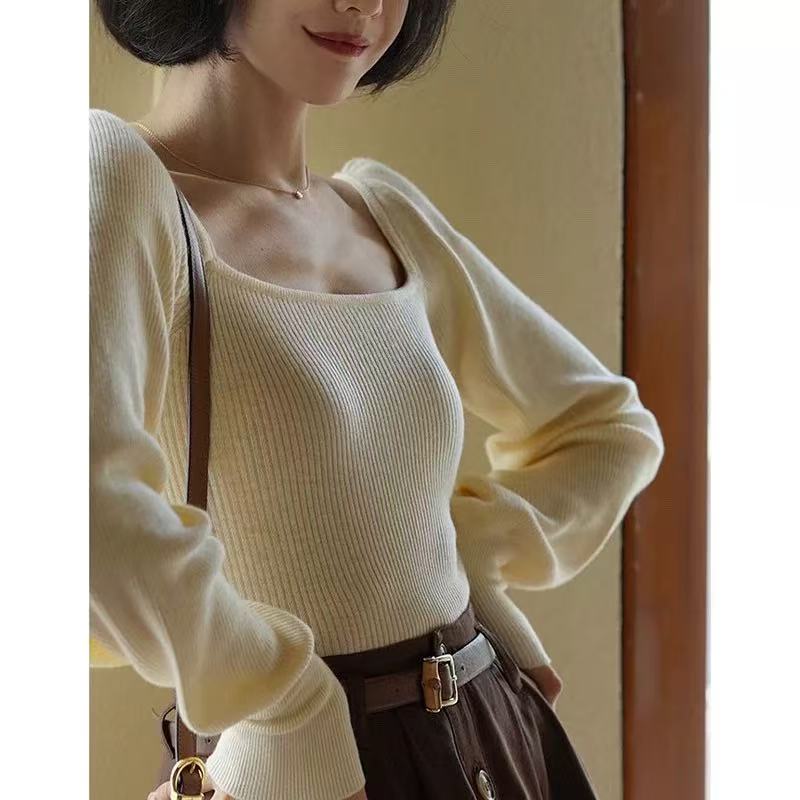 M528灯笼袖方领针织衫女秋款长袖正肩法式复古小众上衣