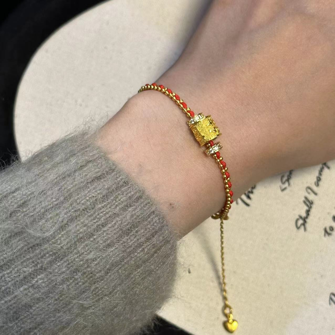 铜合金手链 可转动红色编织手链-4013