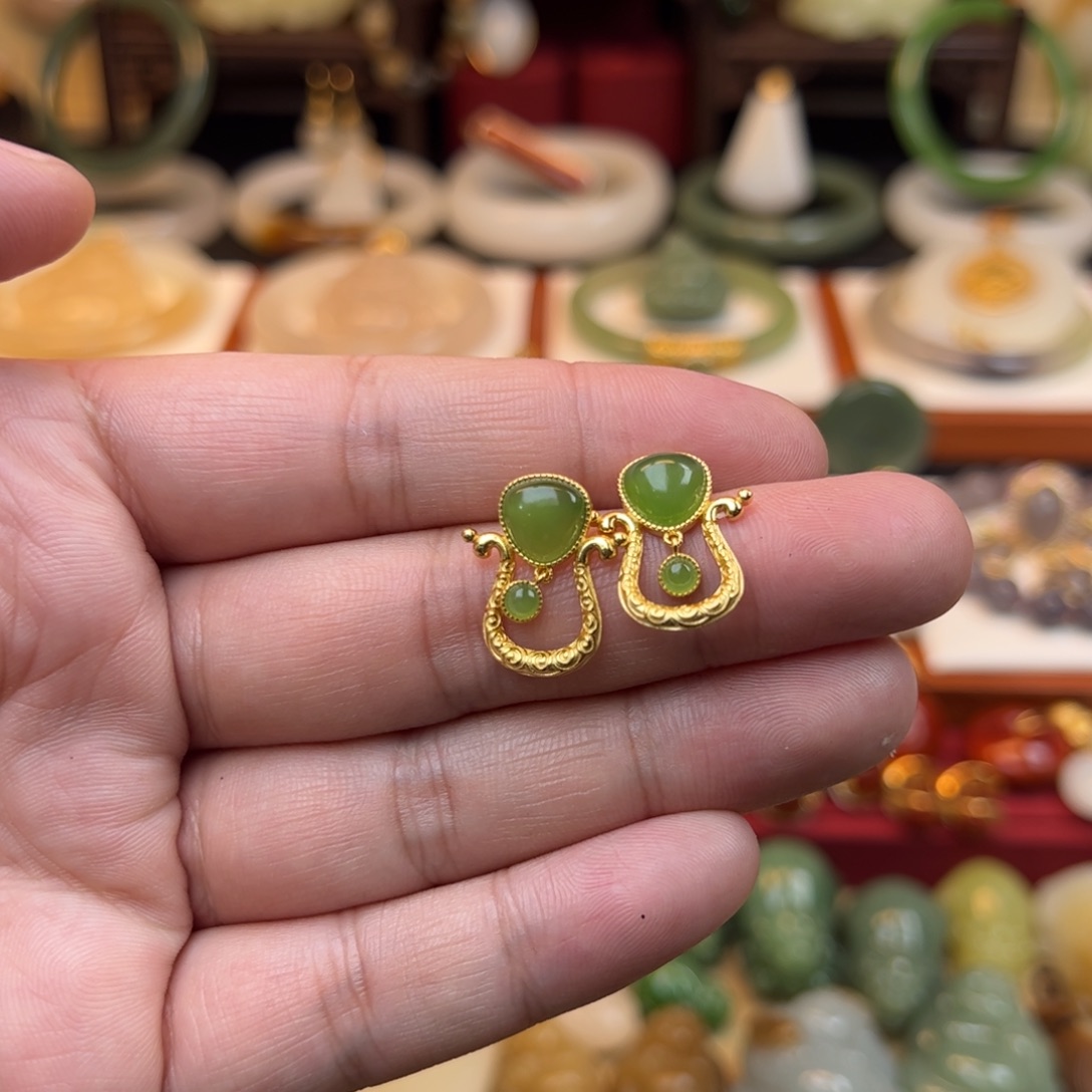 和田玉耳饰银S925镶嵌