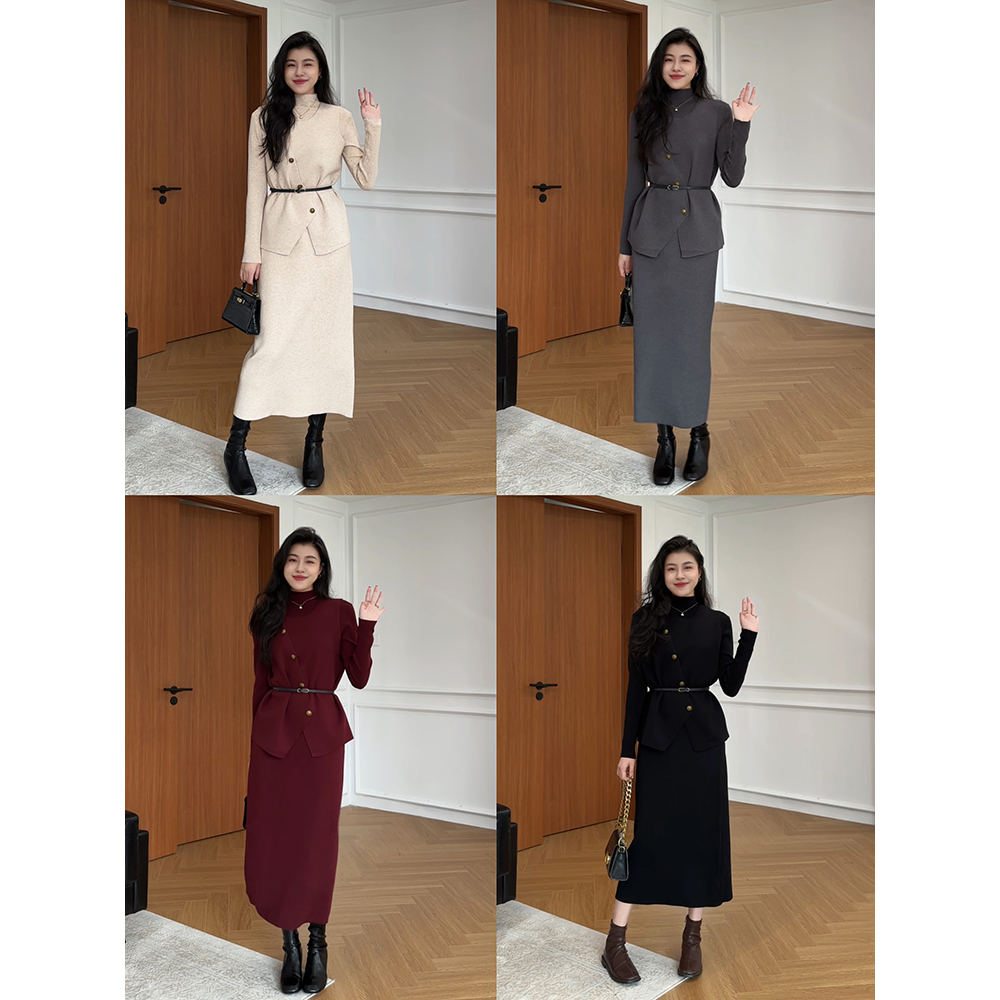 张阿星【都市慢调】高级感优雅气质半高领纯色马甲半裙针织三件套 