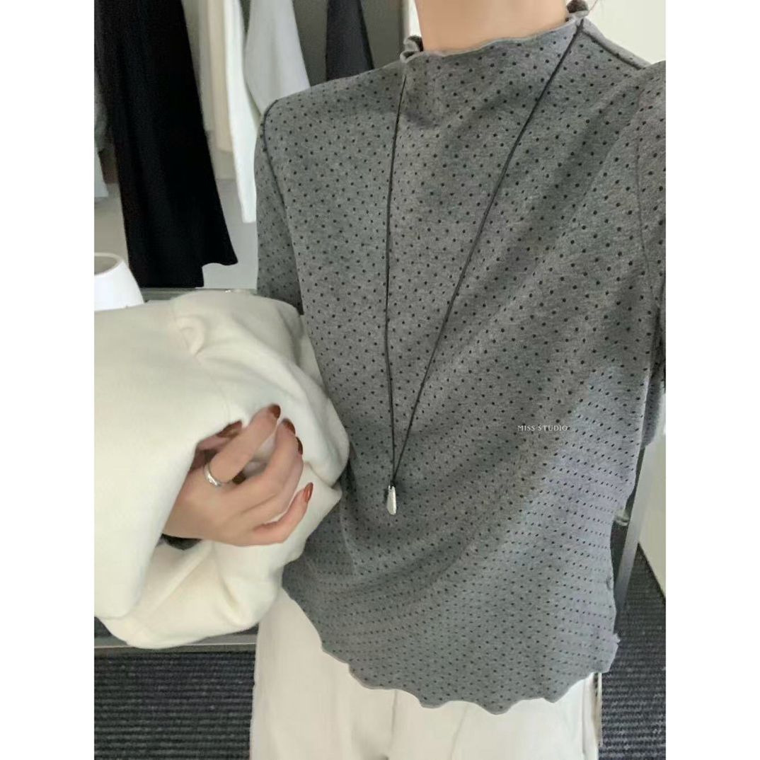 密思@5620 韩系简约波点花边半高领打底衫 12-6