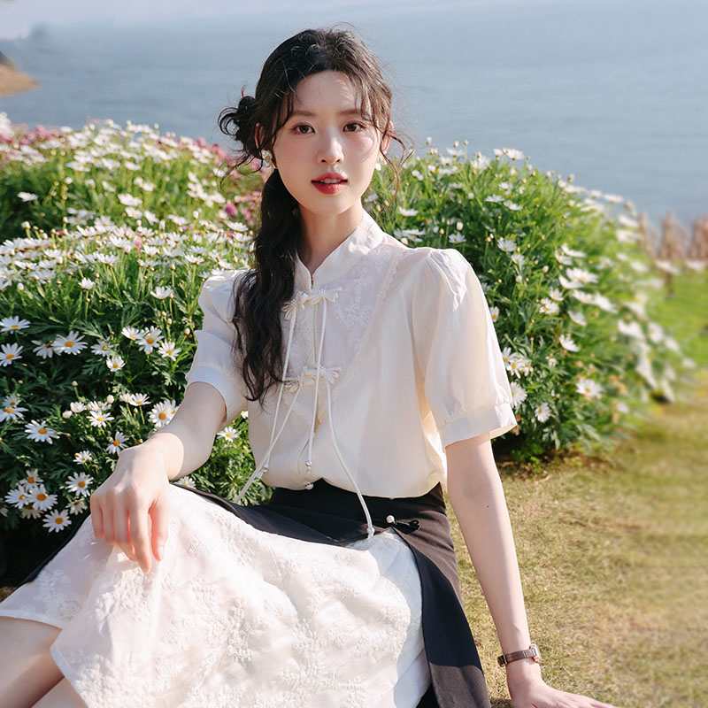 慕兔新中式国风复古立领短袖衬衫女2024秋季款设计感小众流苏上衣