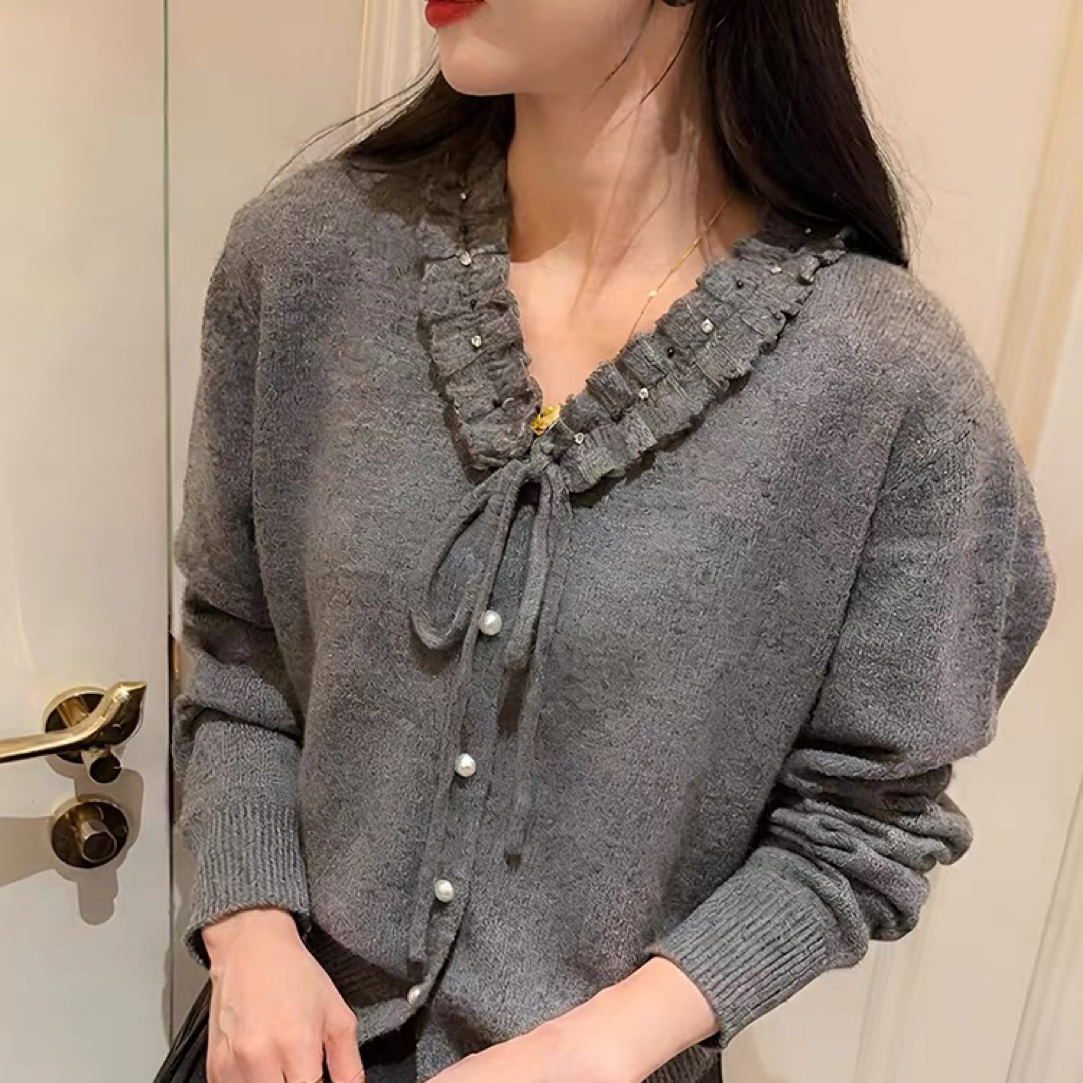 灰色V领木耳边系带毛衣开衫女款2025新款秋季高级感减龄气质上衣