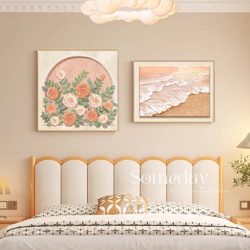 温馨奶油风卧室床头装饰画肌理玫瑰主卧挂画两联餐厅背景墙壁画