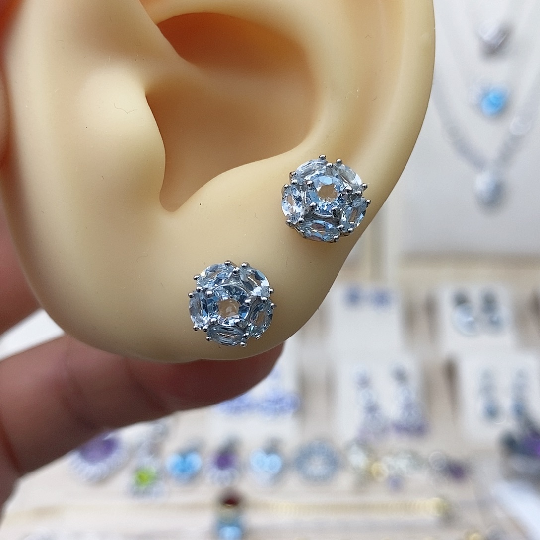 海蓝宝石耳钉银S925镶嵌需要证书备注