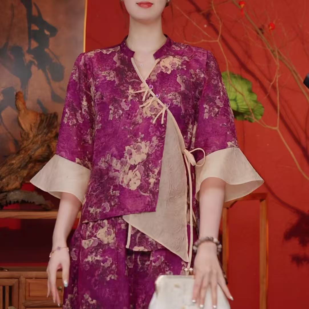 【十二花神】暮山紫鸢尾花色提花花萝拼接杏色新中式上衣衬衣