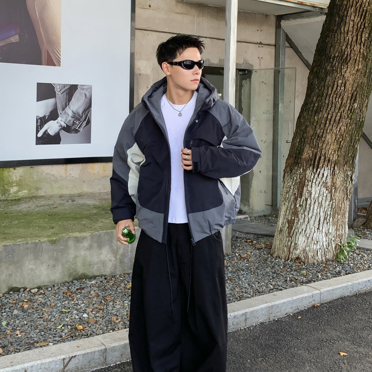 【2371男士潮流加棉连帽夹克】2025新款秋冬保暖拼接外套