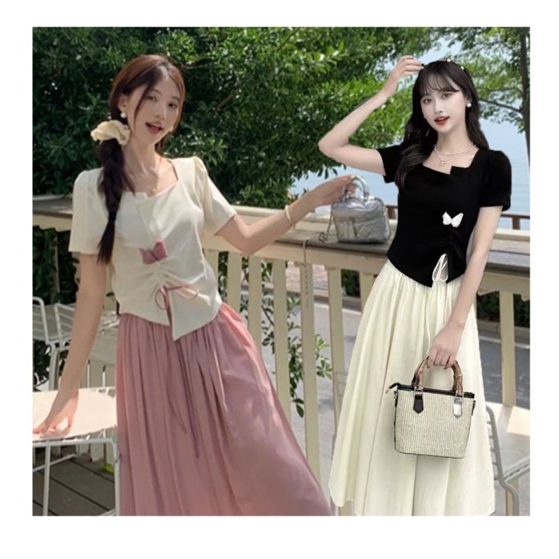 （唯依80-200斤）1胖mm时尚设计不规则短袖T恤上衣百搭半身裙1758