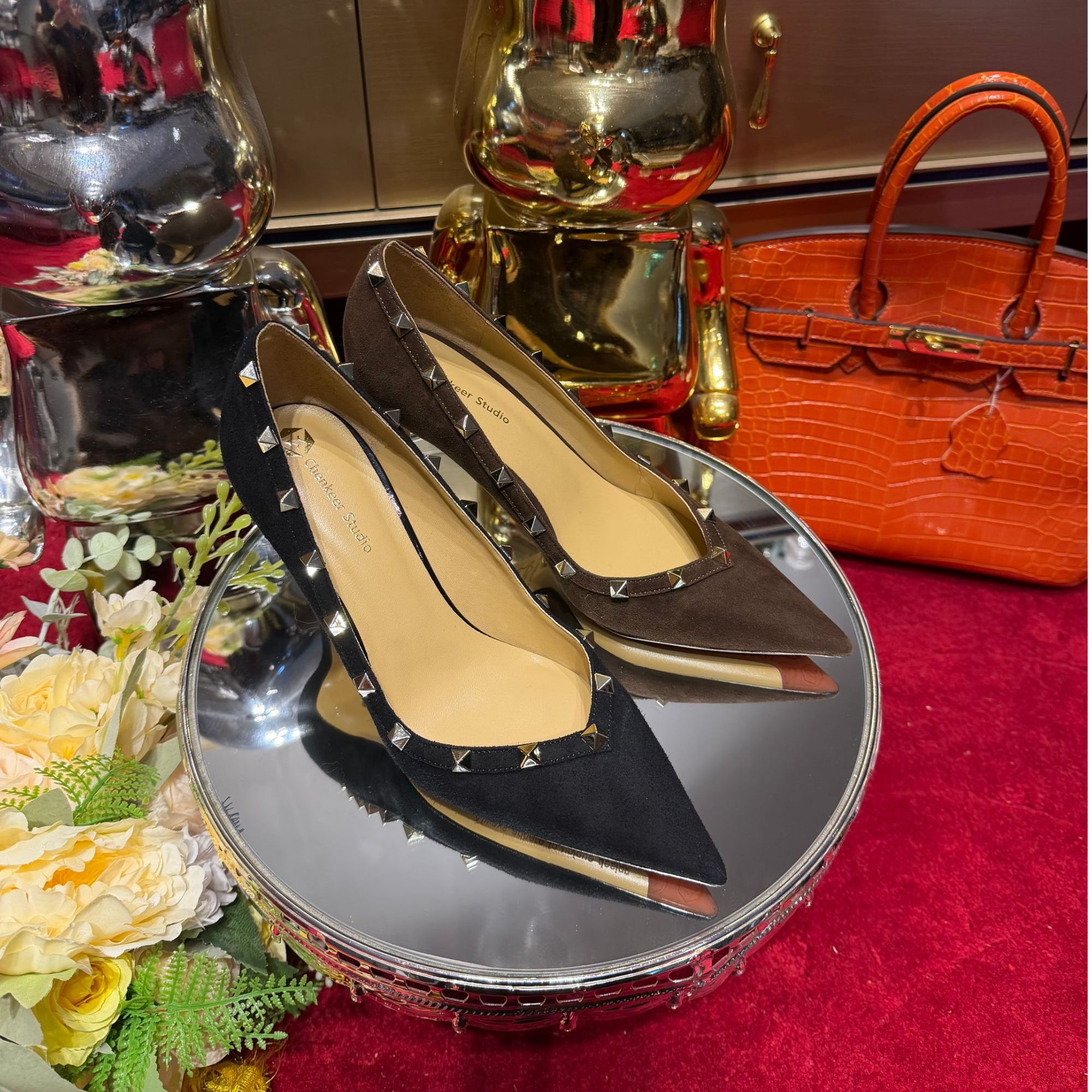 【羊反绒铆钉 】2025年新款气质高级感尖头黑色高跟鞋女细跟性感