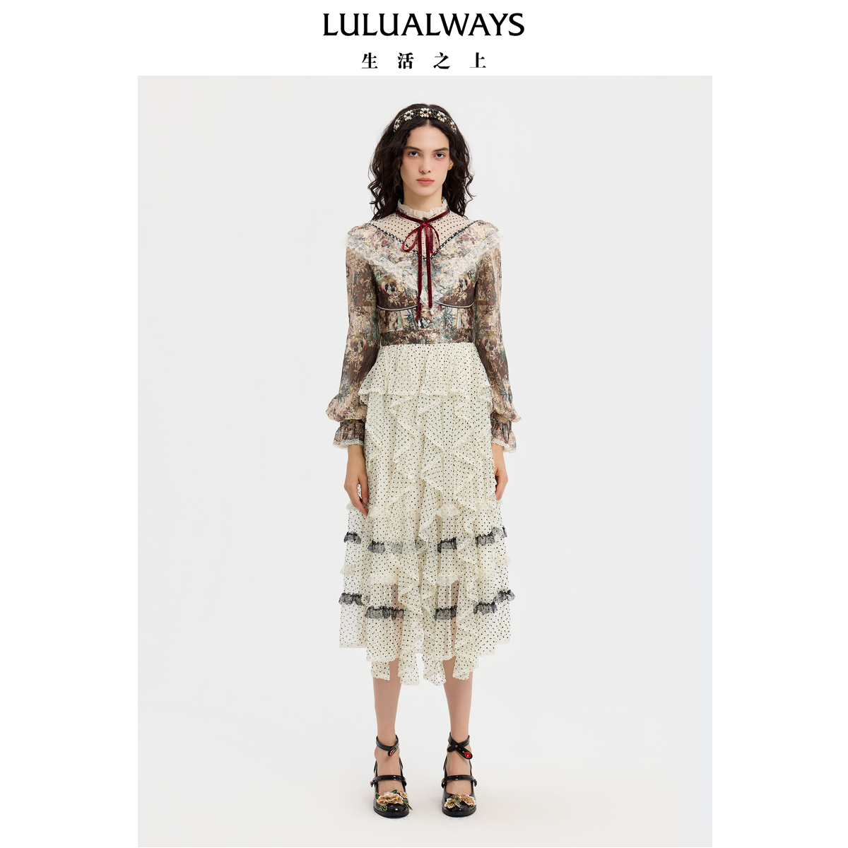 LULUALWAYS【商场同款】25秋季新款梦幻优雅少女风荷叶边连衣裙女