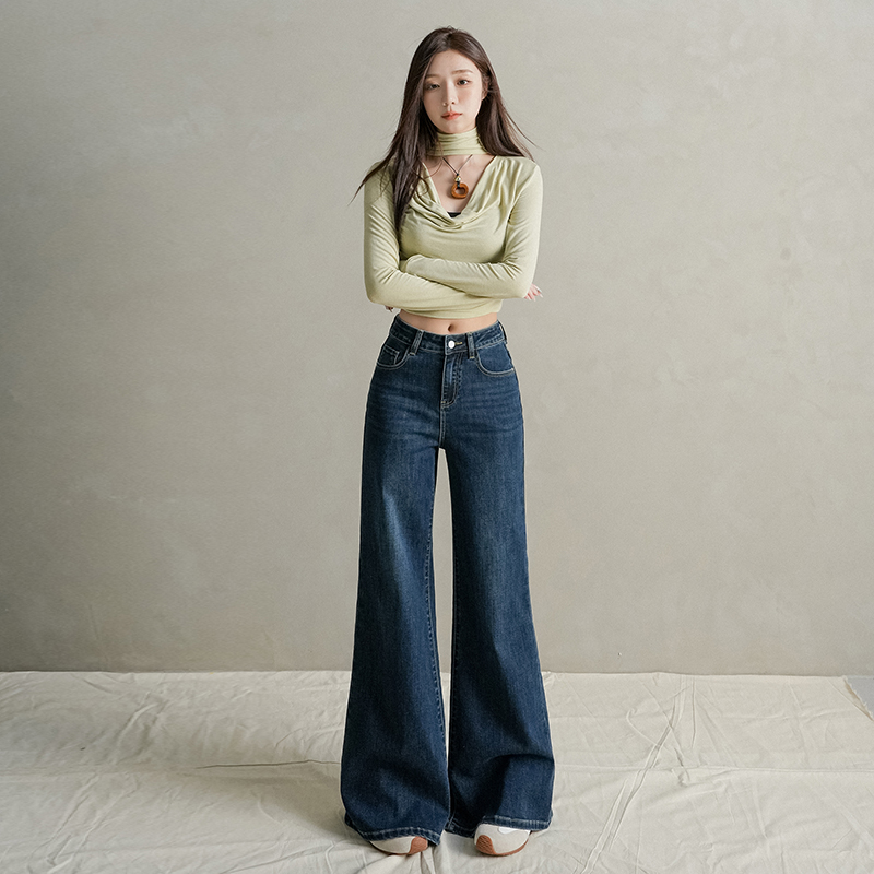 秋冬2025新款深蓝丹宁蓝直筒微喇牛仔裤女秋小个子弹力阔腿拖地裤