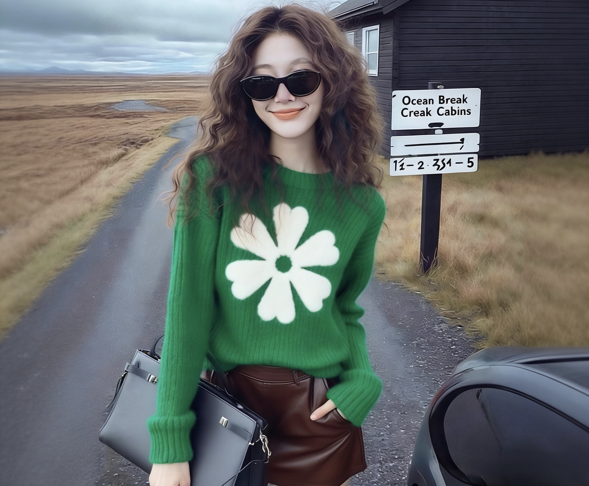 （在仓发货+运费险）轻奢风洋气紫绿朵毛衣秋冬软糯宽松针织衫女