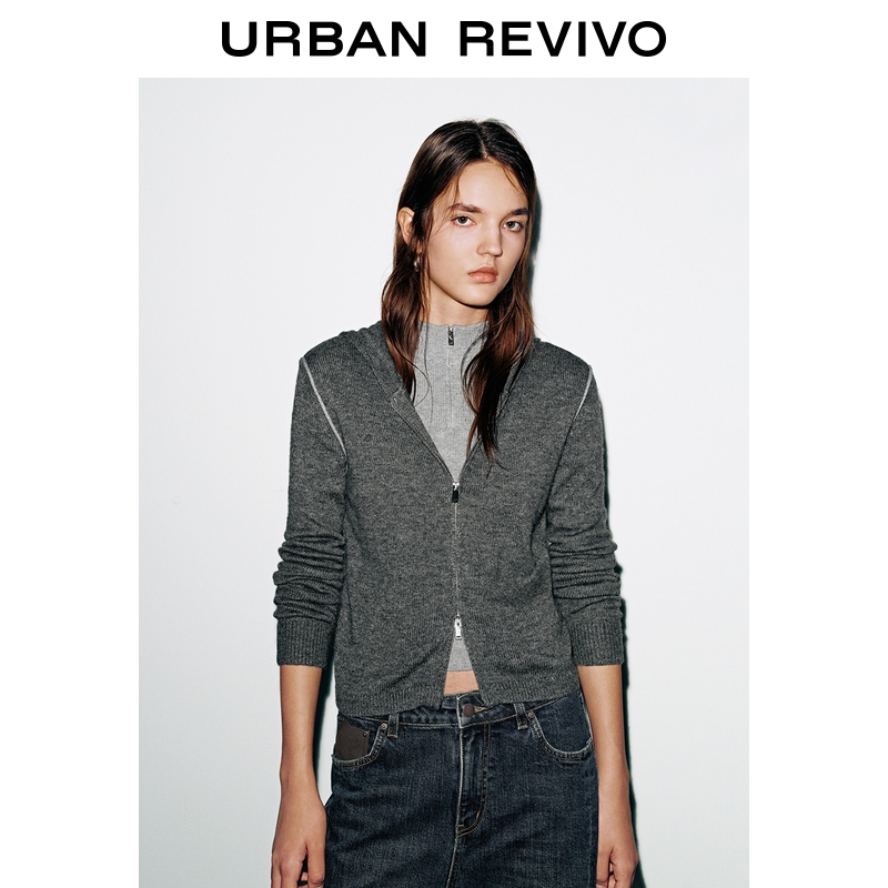 UR2025冬季新款女装休闲格雷系双拉链连帽针织衫UYV950107
