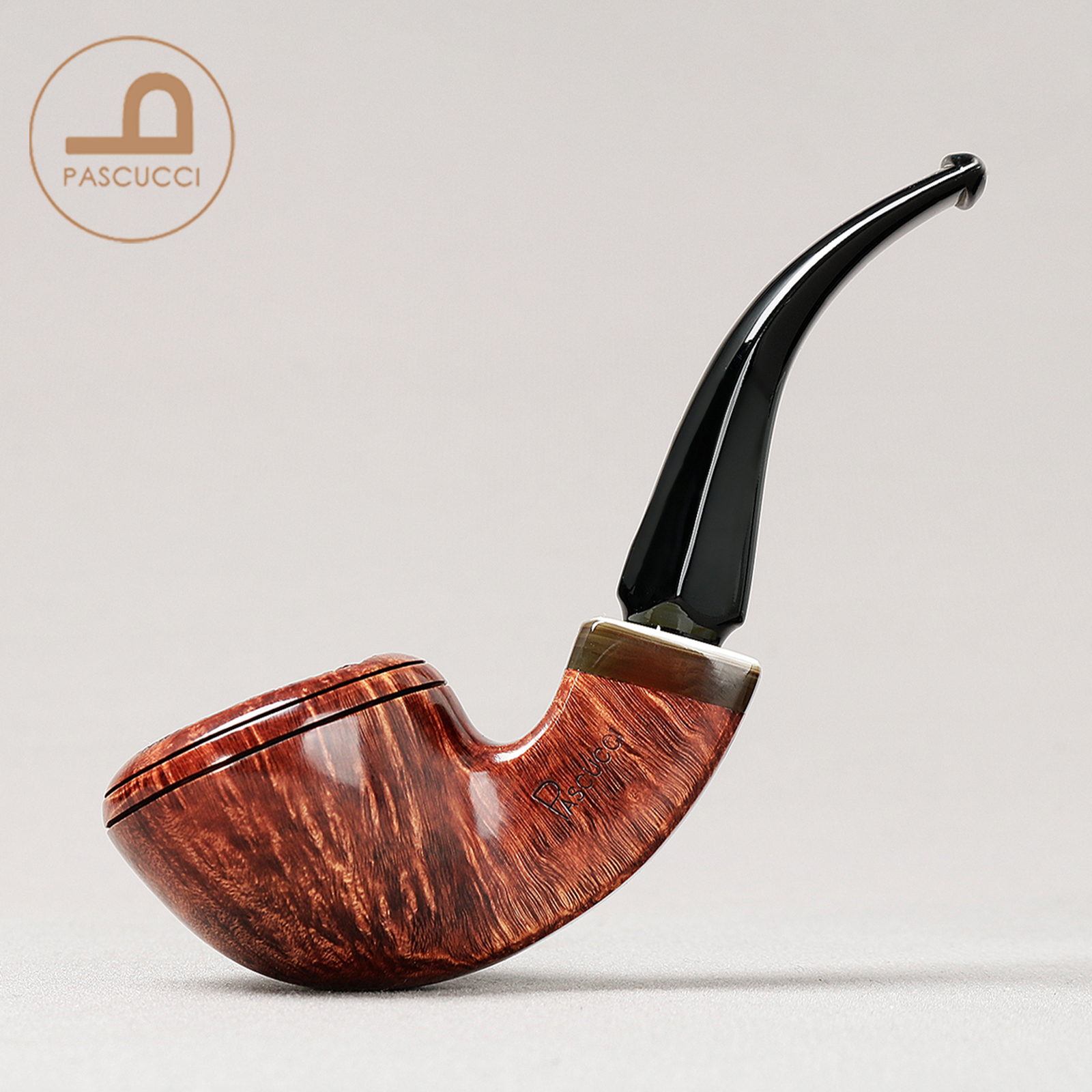 意大利帕斯库奇 光面牛头弯斗 斗口雕刻 牛角 3mm 手工石楠木烟斗