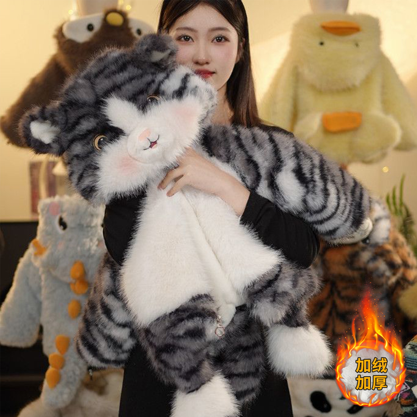男女童冬季加绒加厚毛毛衣儿童冬款灰色虎猫毛茸茸萌宝连帽棉服