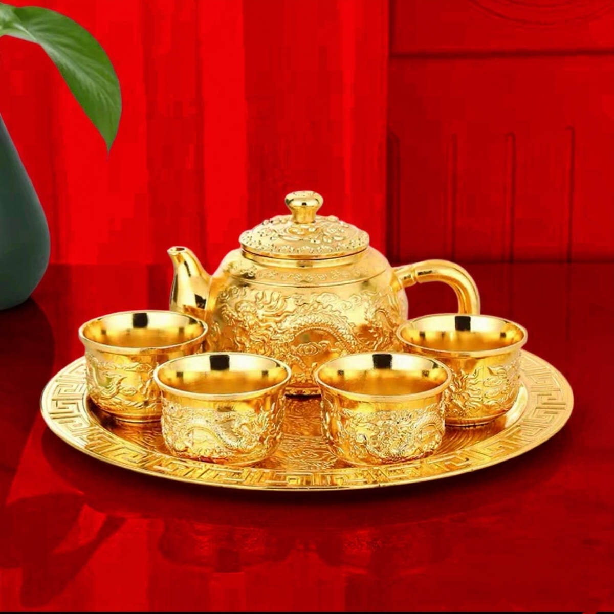 【香港ZHOUFU】高定龙凤金色臻品茶壶茶具六件套礼品摆件