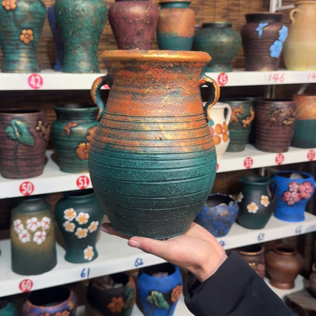 红陶红陶浮雕花盆炸炸炸