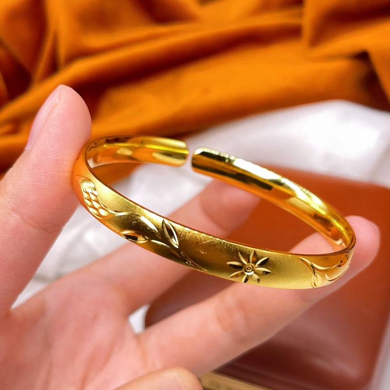 足银手镯 足银手镯 开口喷砂花卉手镯