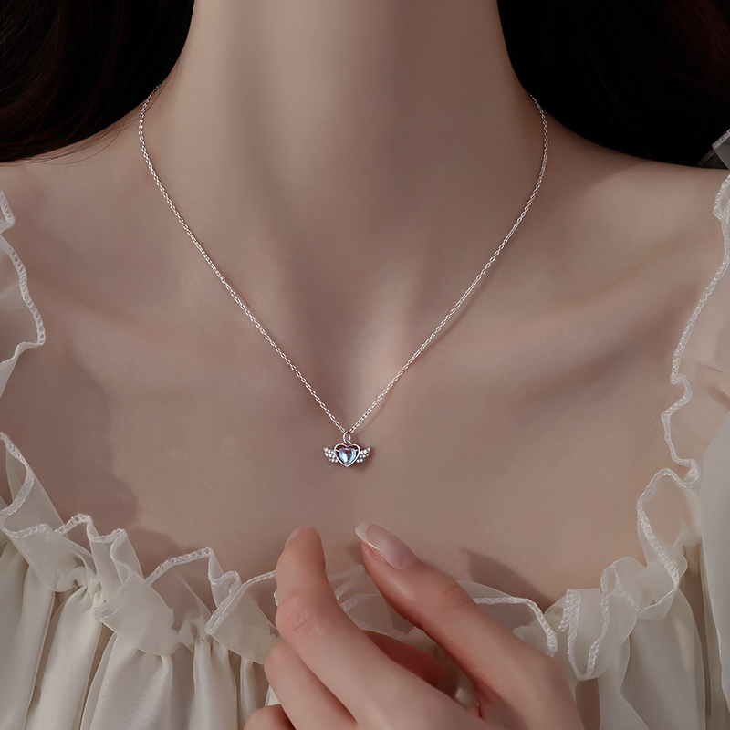 链子足银玻璃 999纯银爱心翅膀项链女2025新款爆款锁骨链小众颈链