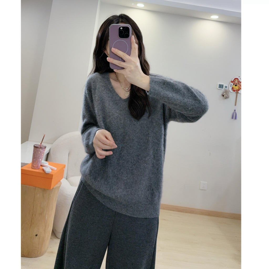 雾岛来信气质款拉毛毛衣2025冬新款V领百搭毛衣