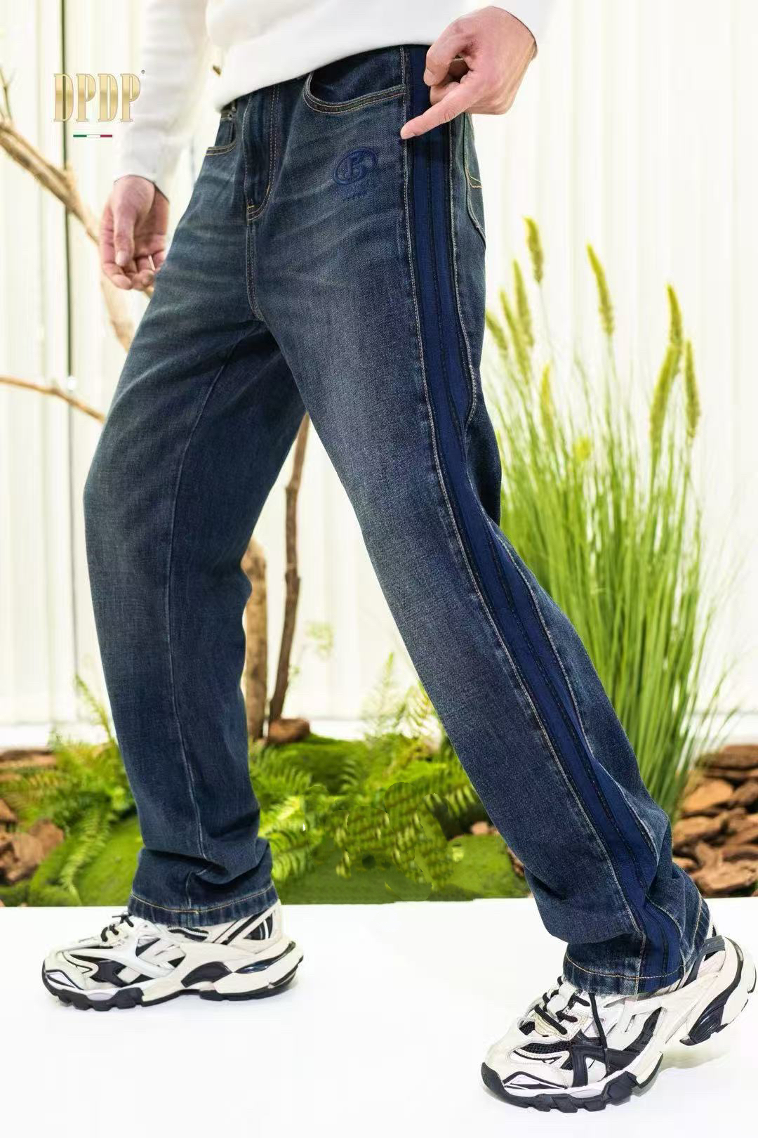  欧品春秋新款男士牛仔裤织带个性潮流高端休闲百搭牛仔裤 1089