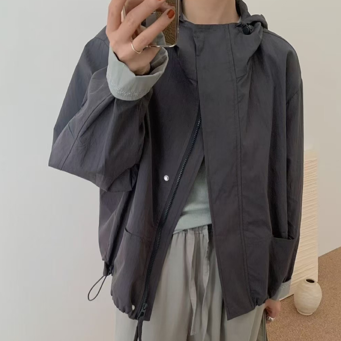 连帽宽松型休闲简约女秋季时尚短外套薄款春季长袖